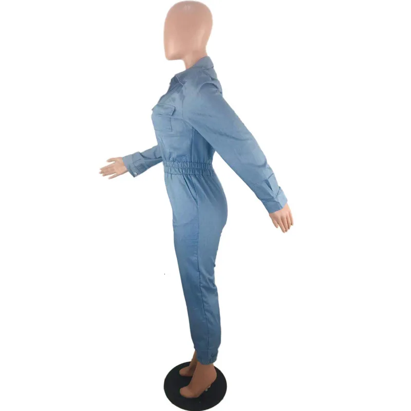 Denim Rompers Womens Zipper Fly Jumpsuit Autumn Winter One Piece Outfits Jeans Overalls Night Club Party Long Sleeve Jumpsuits