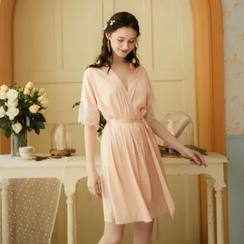 

Summer Silk Morning Robe Gown Female Intimate Sleepwear Bridal Wedding Gift Casual Soft Bathrobe Nightgown Sexy Homewear New