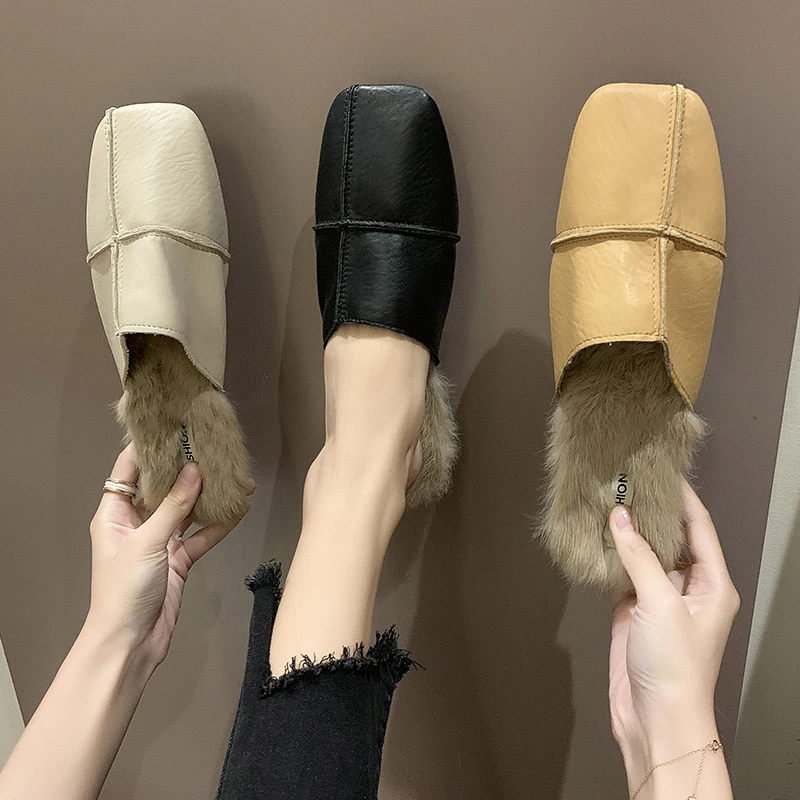 2019 Fashion ladies slip on mules Square Toe Low Heels Soft leather Women Warm shoes With Fur For Sweet Girl office Woman | Обувь