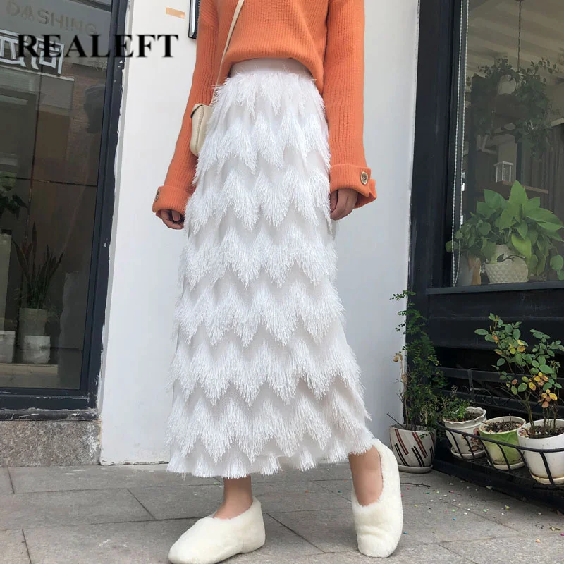 REALEFT New Autumn Women Feather Tassel Elegant Straight Long Skirt High Waist White Harajuku Tulle Mid-Calf Party Skirts 2022