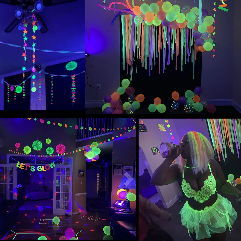 Neon Streamers,Glow In the Dark Party Supplies for Black Light Party  -Including Neon Crepe Streamers,Round,Star,Rectangle Paper Garland Hanging  for Birthday Wedding Graduation Halloween Christmas 