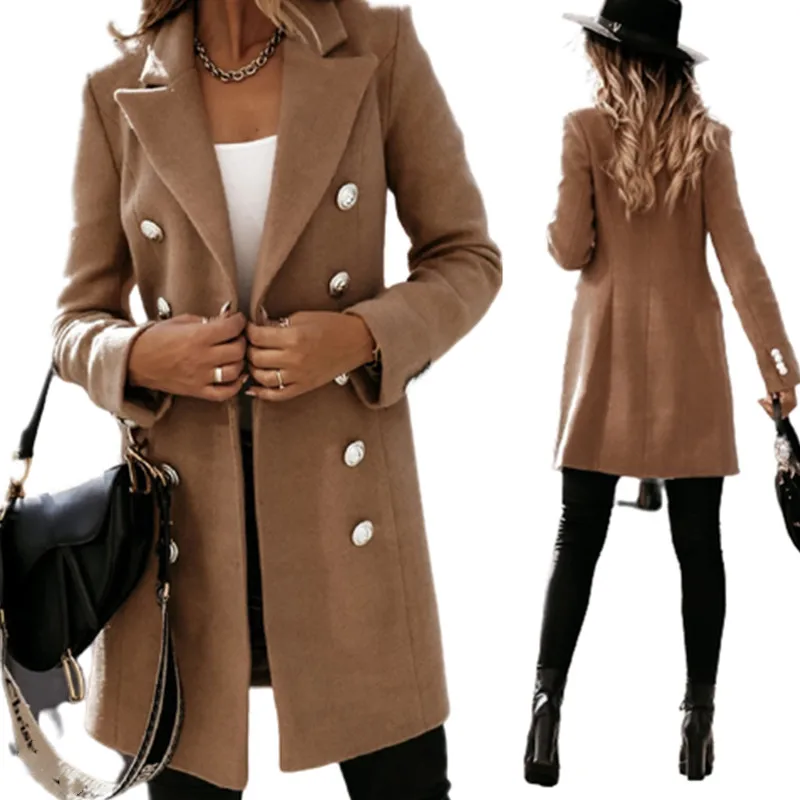 Модная двубортная теплая шерстяная ветровка средней длины Женская Повседневная