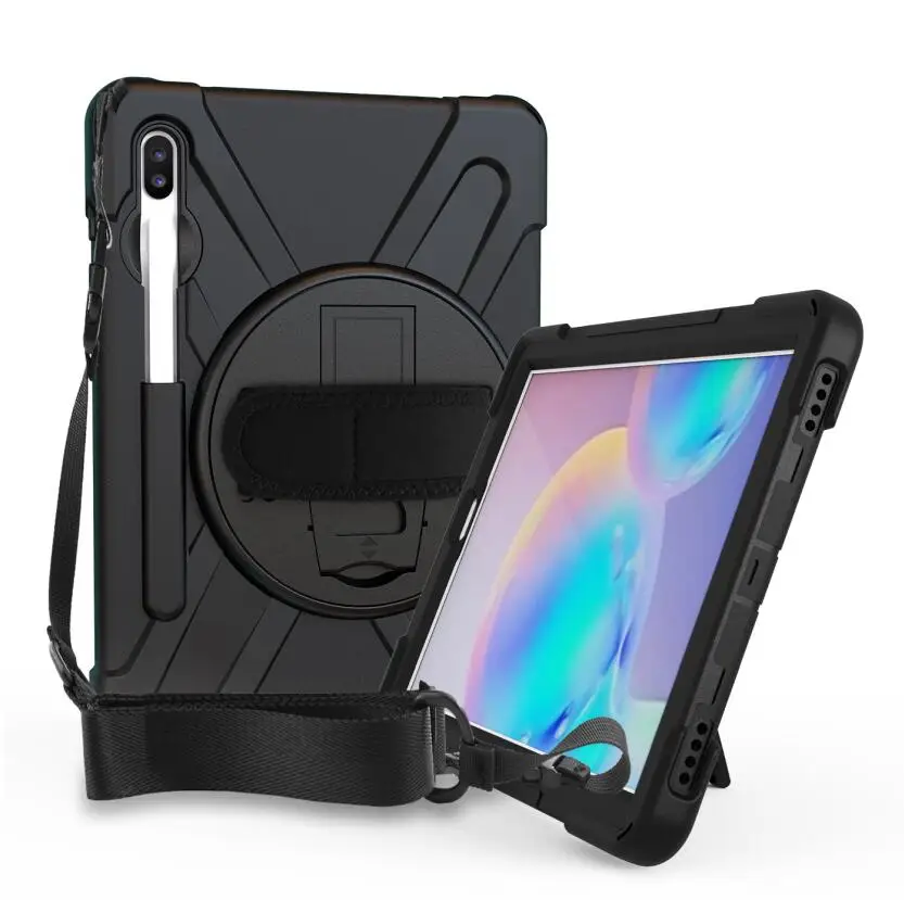 Черный Чехол для Samsung Galaxy Tab S6 10,5 SM-T860 T865 10,5, детский безопасный сверхмощный вращающийся ремешок/подставка+ плечевой ремень - Цвет: Черный