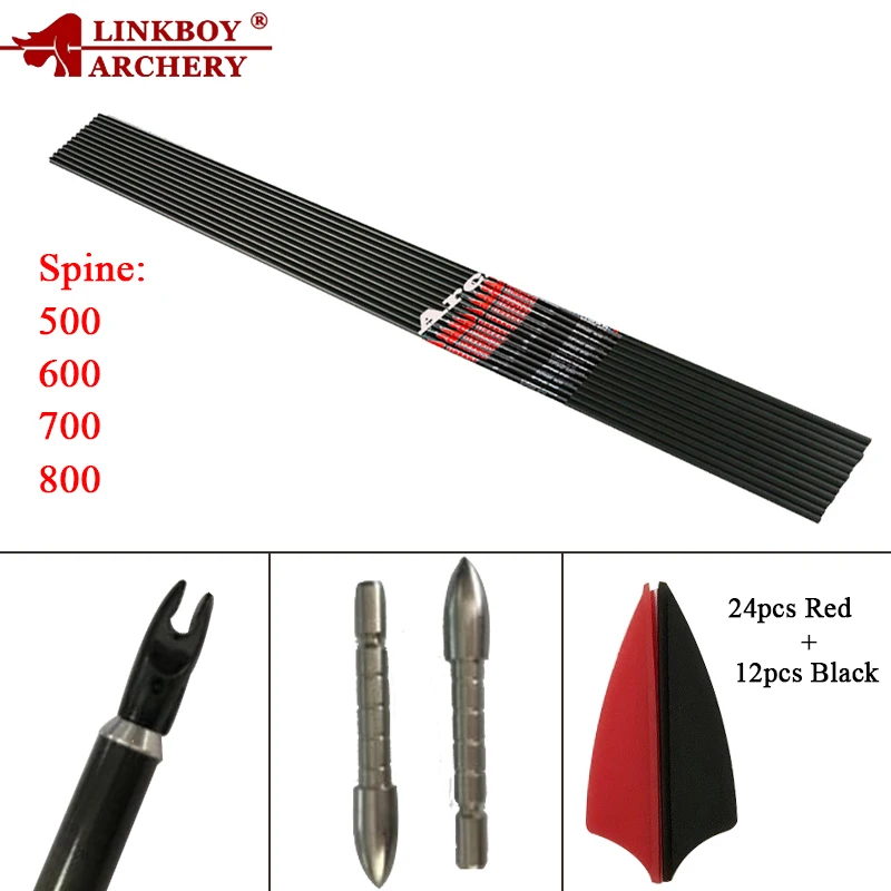 Tiro com Arco Flechas de Carbono Palhetas de Seta Dicas para a Caça Nock e 80gr Linkboy Puro Ponto Arco Recurvo Id4.2mm Spine500-800