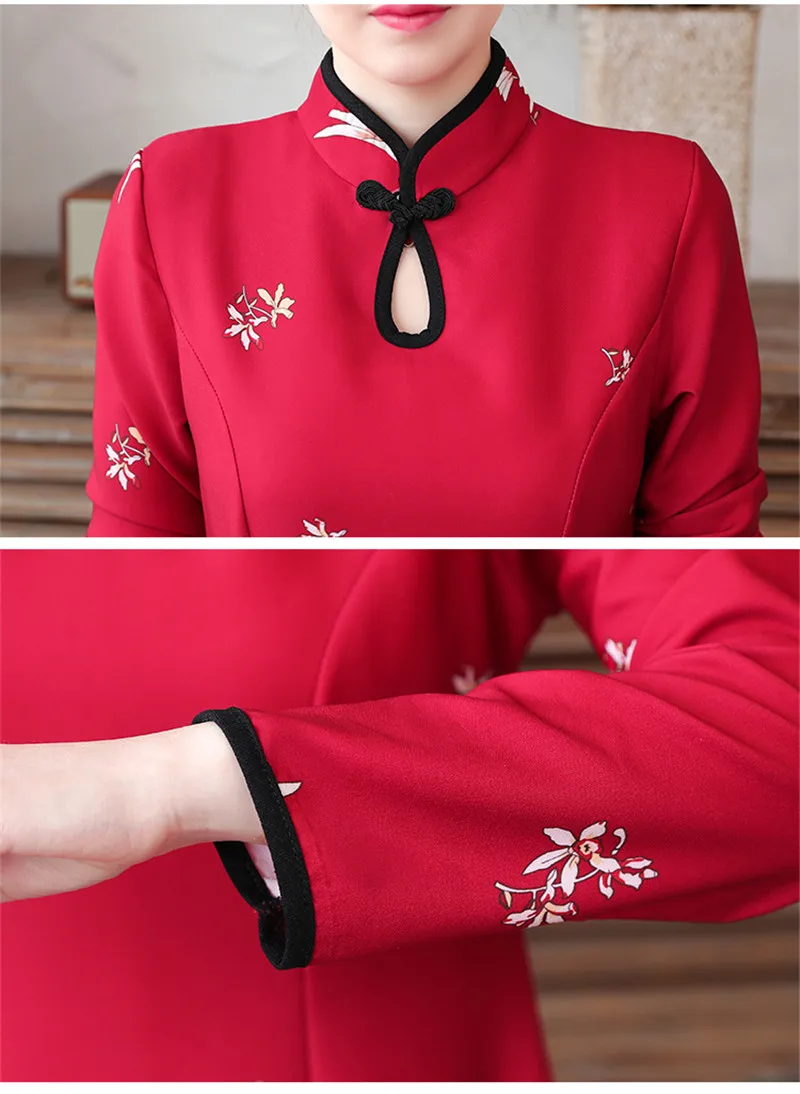 Красный Qipao Национальный Стиль осень-зима чехол с принтами воротник пряжка длинный рукав тонкий платье Чонсам Черный выдалбливают