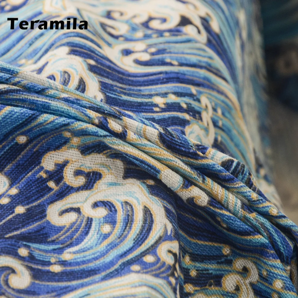 Teramila Sea Wave With Golden Side Rectangle Dining Table Cloth Thick Cotton Linen Table Cover Mat For Home Party Mantel Wedding