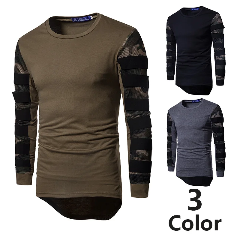 

Eurocode stretch cotton camouflage mesh stitching T-shirt men's round collar long sleeve T-shirt anime shirt