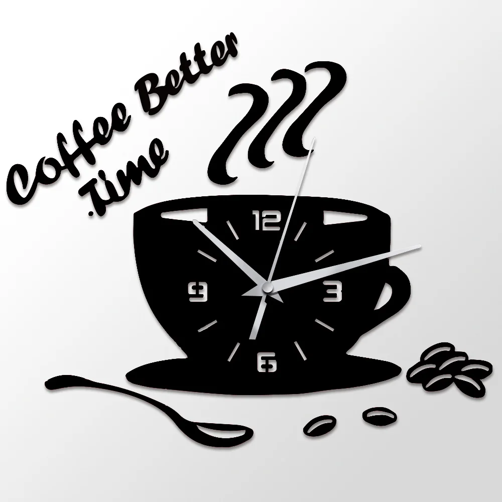 3D DIY Acrylic Wall Clock Modern Kitchen Home Decor Coffee Better Time Clock Cup Shape Digital Wall ClockSticker Hollow Numeral