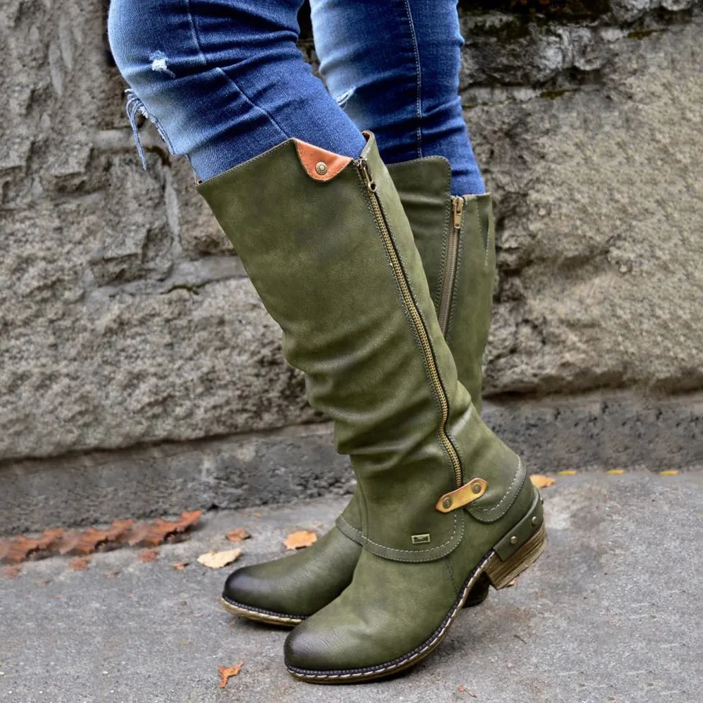 Женские ботинки; модные ковбойские сапоги для верховой езды в западном стиле; повседневные сапоги-трубы до колена; женская зимняя теплая обувь размера плюс; M850 - Цвет: GN