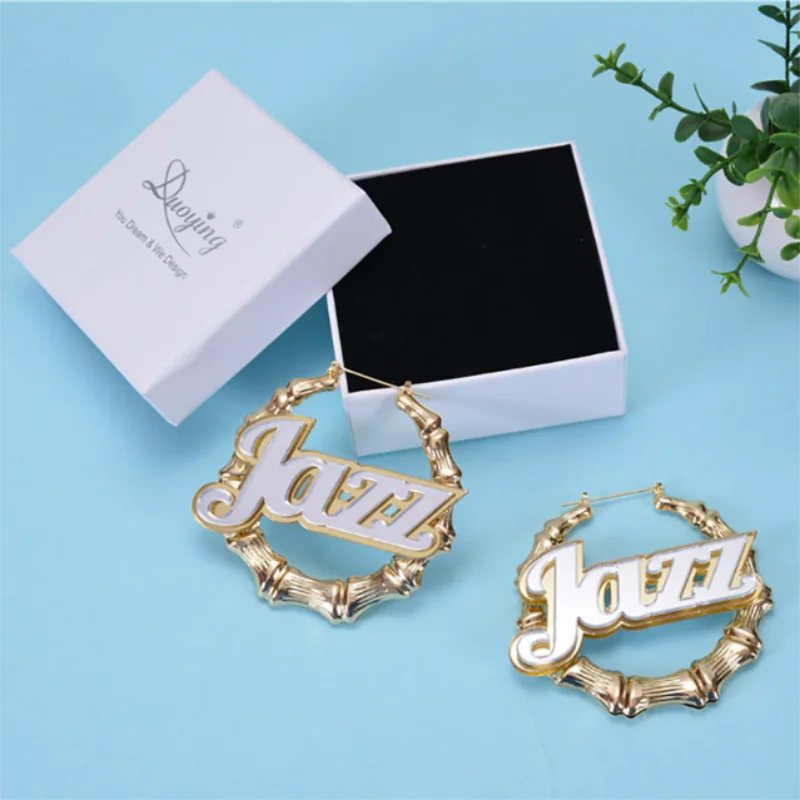 DUOYING Fashion Name Earring Bamboo Hoop Earrings Sexy Custom Earring Personalized Gold Round Earring Statement for Women Gifts