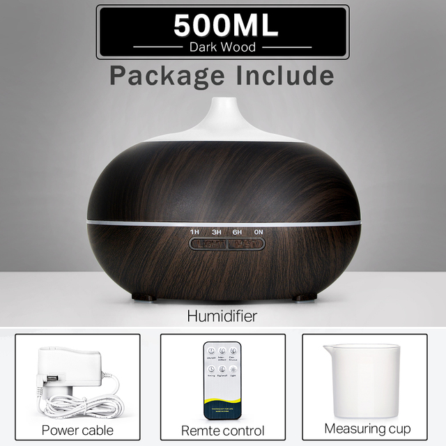 500 400 Aromatherapy Essential Oil Diffuser Wood Grain Remote Control Ultrasonic Air Humidifier Cool with 7 Color LED Light