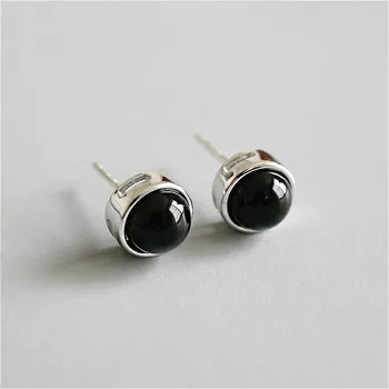 

925 Sterling Silver Round Black Onyx Stud Earrings For Women Personality Simple Earings Fashion Jewelry High Quality 925-475