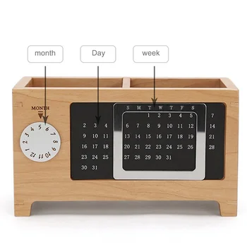 

Table Container Pen Pencil Holder case Wooden Storage Box with Calendar 2 Grids Desk Organizer Gift