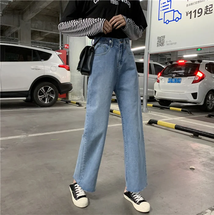 Loose Fashion Woman Jeans Autumn Bleached Casual Boyfriend Curl Denim Wide Leg Pants Oversize High Waist Jean