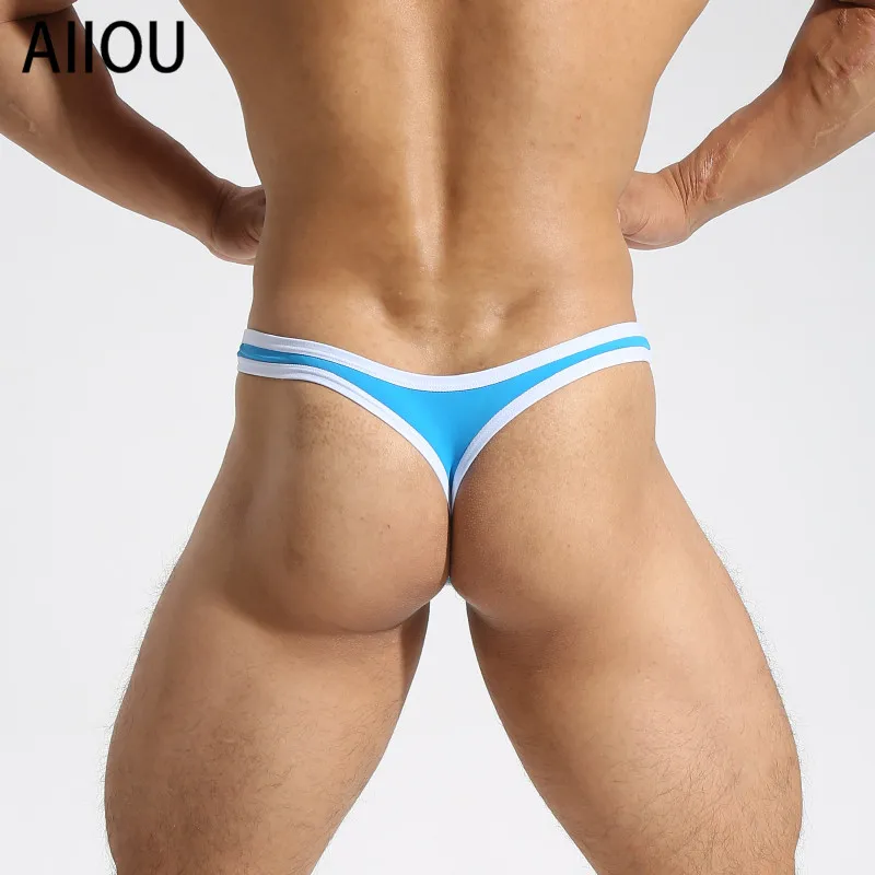 Мужские трусы стринги с большим мешочком AIIOU черные дышащие танга Т образной