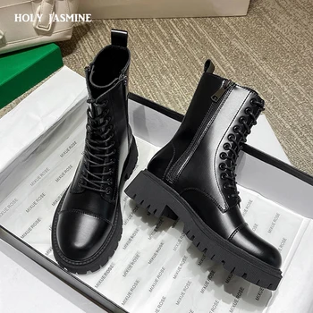 

2021 Genuine Leather Boots Women Shoes Thick Sole Lace Up Autumn Winter Short Ankle Boots for Women Motorcycle Boots Women Boots
