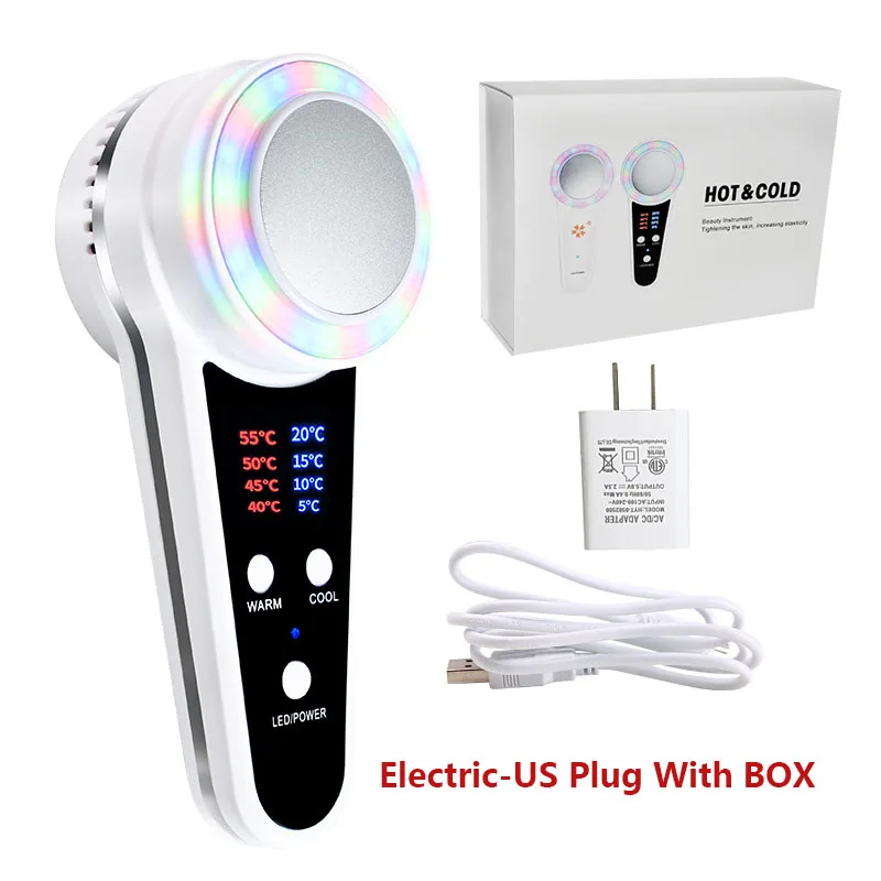 US Plug With Box Прибор для ухода за лицом Горячий Холодный Молоток криотерапия синий Фотон Лечение Акне косметический Массажер для кожи лифтинг омоложение лица - Цвет: US Plug With Box