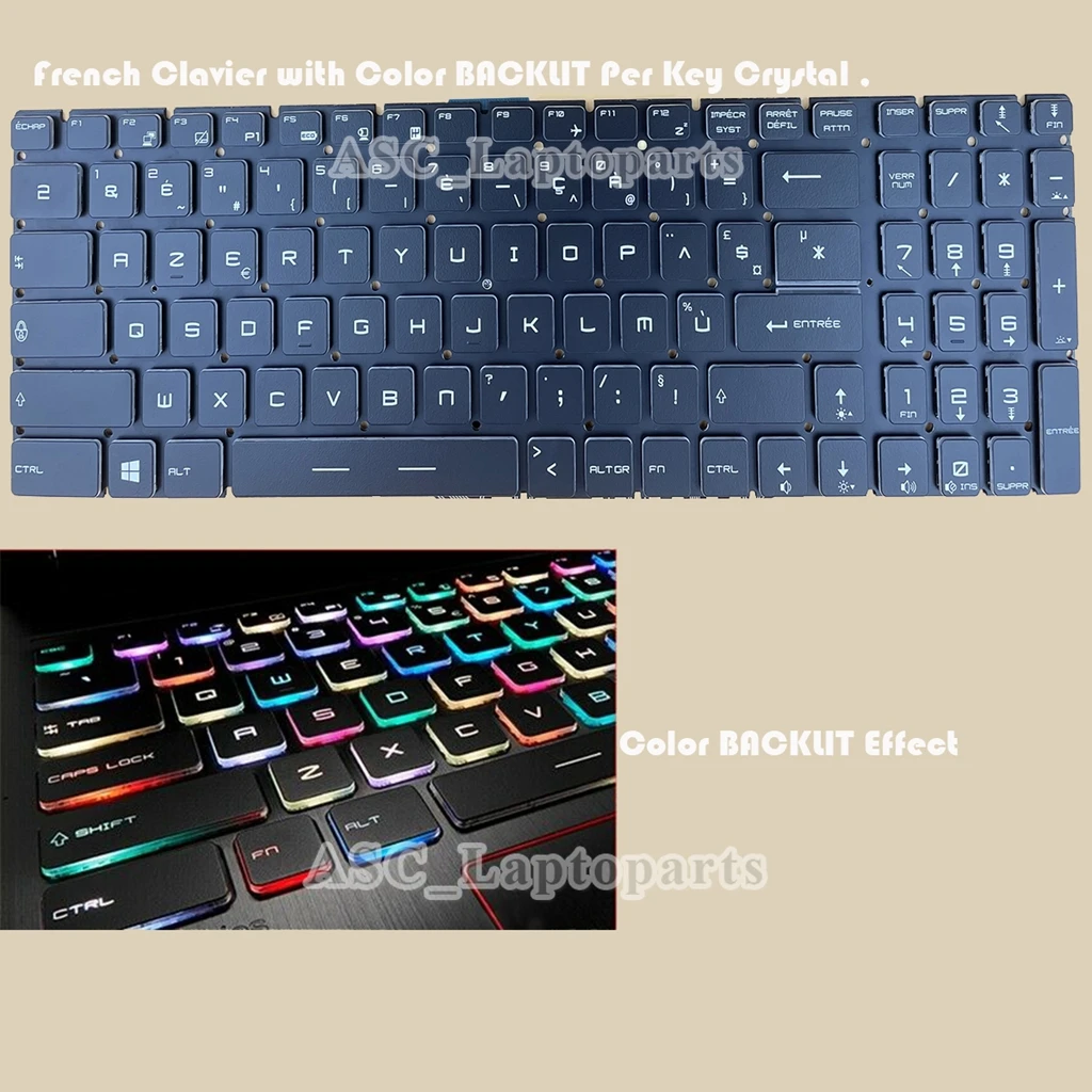 Teclado Clado Clado Francês fr para Msi Ge63 Ge73 Ge63vr Gt63 Gx63vr Ge73vr com Retroiluminação Colorida Quadro Preto