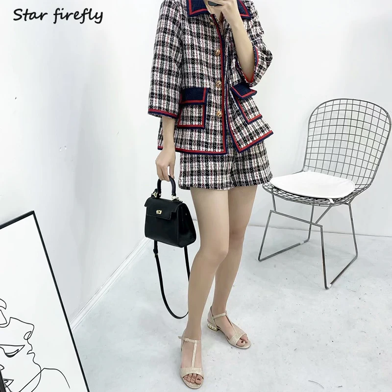 

Star firefly tweed shorts and top 2019 seven-point sleeve cloak small fragrance two piece set vintage plaid high quality set