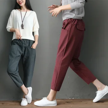 

Autumn And Winter New Style WOMEN'S Pants Plus-sized Loose Cotton Linen Brushed Harem Pants Versatile Casual Pants