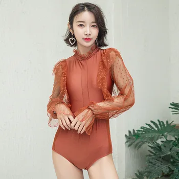 

Sexy One Piece Swim Suit Swimsuit For Women 2020 Long Sleeve Her Brown Hot Bathing Plaid Polyester FMZXG Plus Size Summer