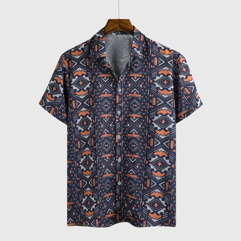 

Print Summer Hot Sell Men's Beach Shirt Fashion Short Sleeve Geometric Loose Casual Shirts Hawaiian Streetwear