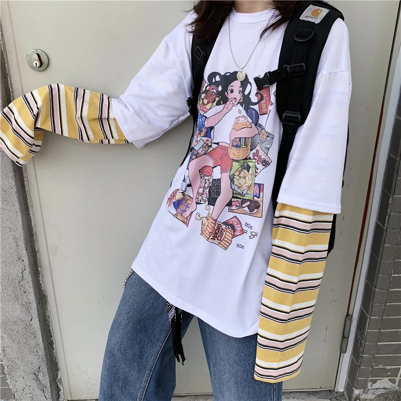 Корейская женская Винтажная футболка с забавным мультяшным принтом ins Harajuku с длинными рукавами, модная свободная повседневная женская футболка с круглым вырезом
