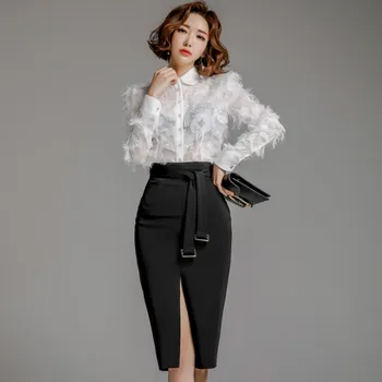

Winter Korea Slim Turn-Down Collar Tassel Blouse Shirt Bodycon Pencil Black Skirt Two Piece Knee-Length Office Sets Dress