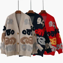 Осенний женский длинный кардиган, свитер с милыми буквами, вязаный кардиган для рождественской вечеринки, большой трикотаж, женский милый свитер