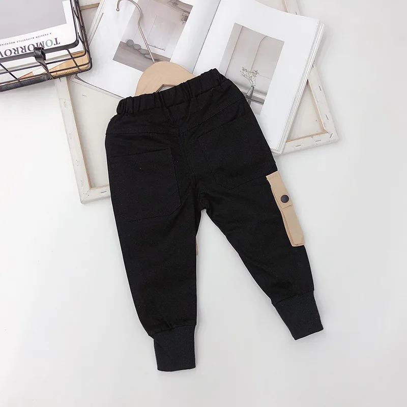 WLG boys casual pants kids autumn letter big pocket black pant baby boy all match trousers