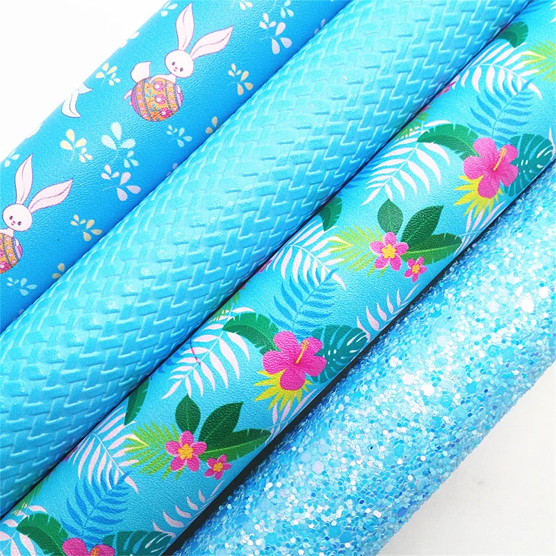 Blue Glitter leather Easter Eggs Bunnies Flowers Printed Synthetic