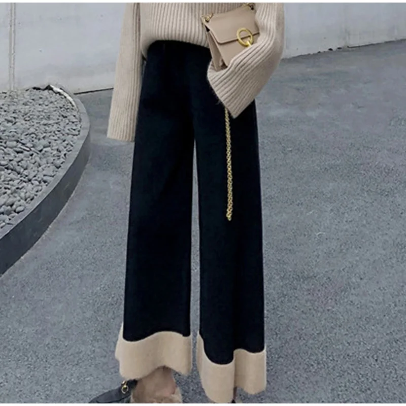 Женские осенние Лоскутные тонкие трикотажные брюки черный абрикосовый широкие свободные женские брюки зимние повседневные с эластичной резинкой на поясе и на штанах