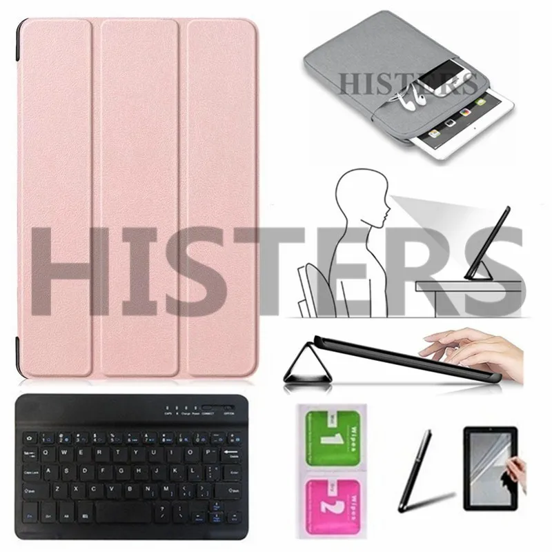 Аксессуары для iPad 9,7 A1893 A1954 A1822 A1823 Smart Wake-Sleep чехол+ Bluetooth клавиатура+ рукав+ пленка+ стилус+ салфетка - Цвет: BK10-MGJ