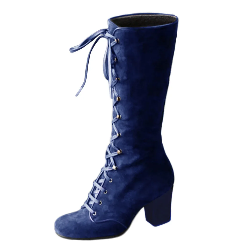 BU Women Long Boots Casual Lace Up Autumn Winter Thigh High Boots Botas Mujer Footwear Retro Mid-Calf Boots Thick Heels Shoes#930 - Цвет: BU
