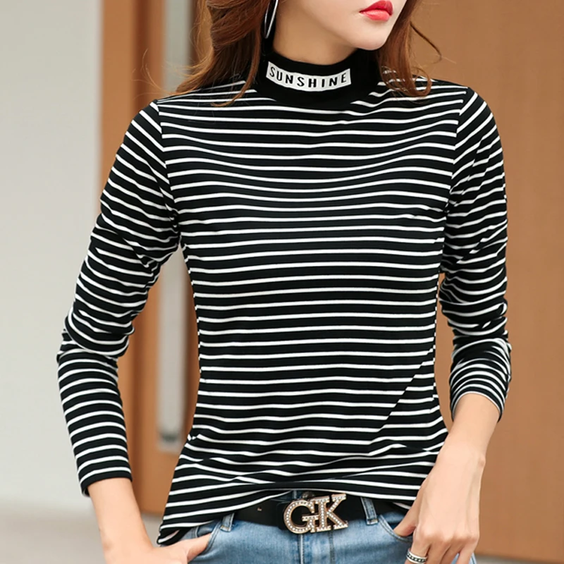 

Women Autumn Long Sleeve Turtleneck T Shirt Classic Black White Striped Cotton Elastic Tops Women Slim Casual Tees Harajuku