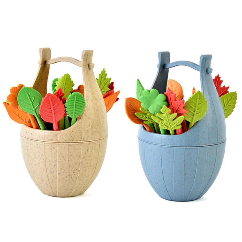 16pcs Reusable Fruit Forks Various Leaf Plastic Barrel Storage Fork Accessories Kitchen Bar Kids Dessert Tableware Party Supply