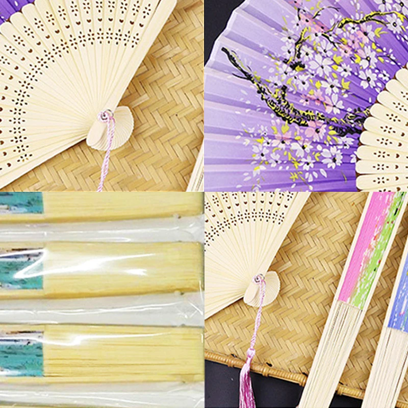 Hand Fold Fan Vintage Style Bamboo Wood Silk Flower Japanese Chinese Artificial Pink Party Wedding Girl Man Dance Decorate Home