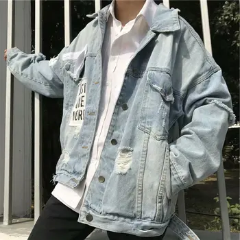 

Cowboy Men's Jacket Autumn Outerwear Fresh Wild College Korean Casual Style Light Blue Patch Hole Loose Denim Jacket