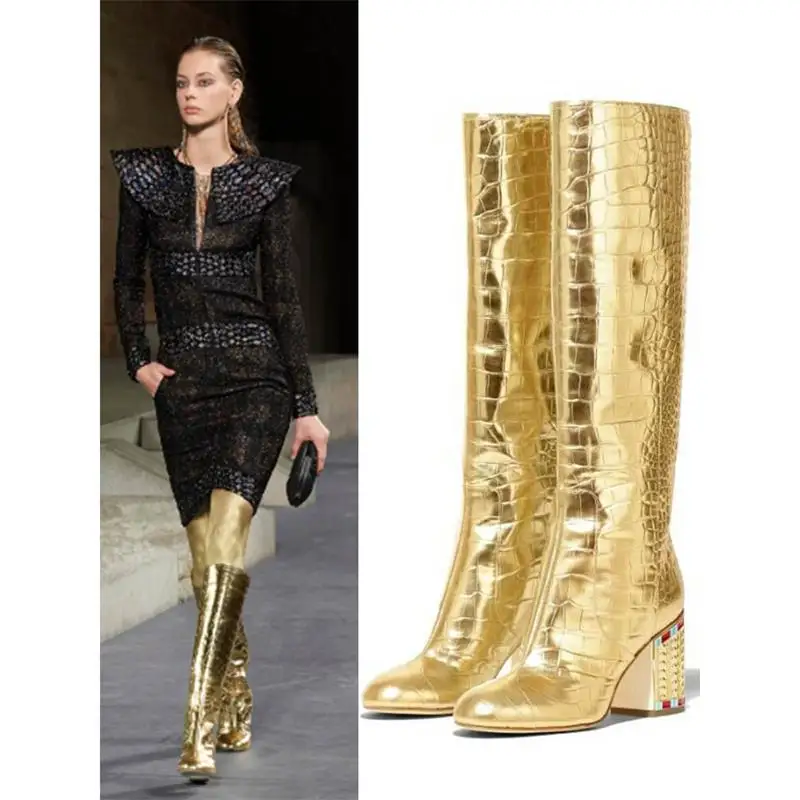 Scarpe donna/Женская обувь зимние высокие сапоги женская обувь без шнуровки на каблуке 9 см с золотыми кристаллами женские ботинки Largas Dama