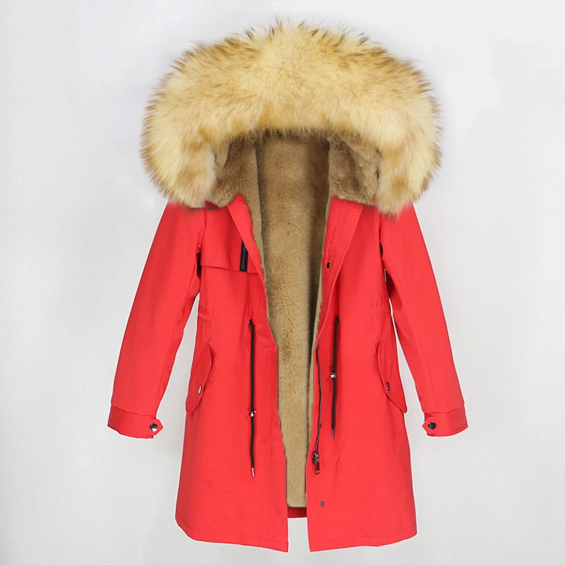 red gold OFTBUY Для женщин Длинная парка натуральный мех пальто зимняя куртка Для женщин из натурального меха енота, меховой капюшон, воротник толстые теплые Изящная верхняя одежда Новинка - Цвет: red gold