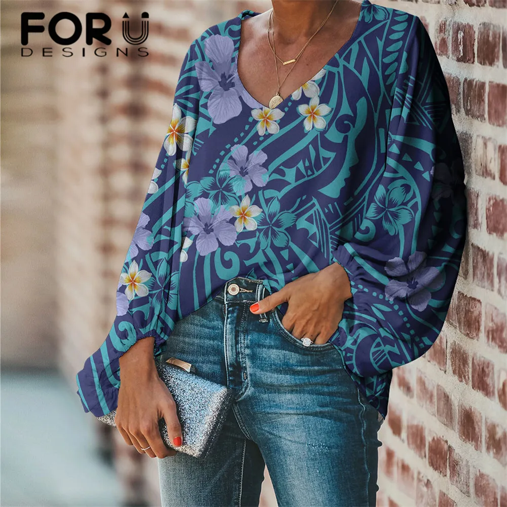 

FORUDESIGNS Polynesia Plumeria Floral Design Blouse Women Casual Long Sleeve Loose Shirt Vintage Oversized Chiffon Blouse Autumn