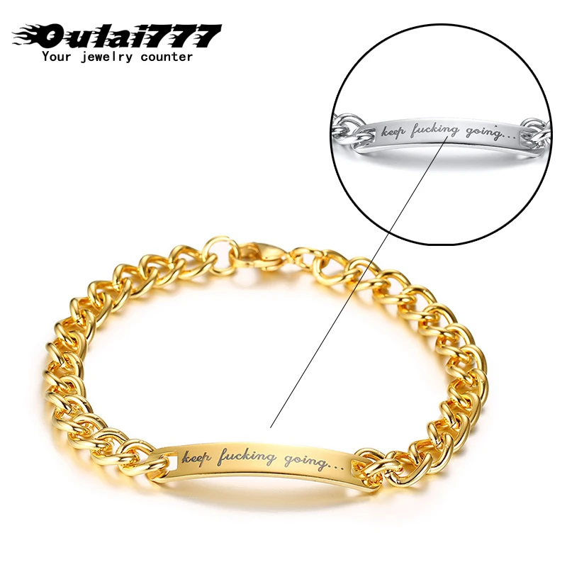 

oulai 777 Customized Engraving Nameplate bracelets stainless steel womens bracelets men chain on hand for men's fashion women