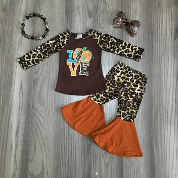 

baby Girl clothes girls thanksgiving outfits love leopard top with bell bottom pants girls boutique clothes with accessories