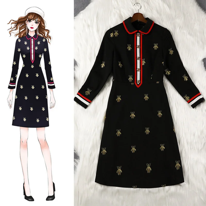 

Striped Embroidered Bee Women Chiffon Dress 2019 New Long Sleeve Big Size Dress for Women Autumn Dress