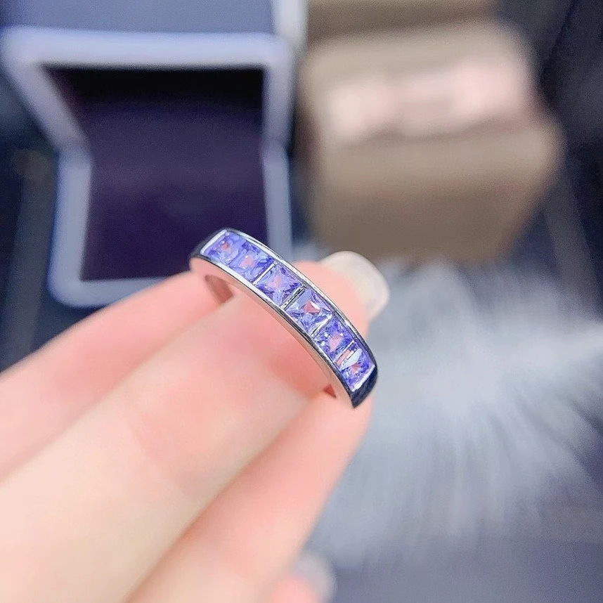 Fine Jewelry 925 Sterling Silver Inset With Natural Gemstone Women's Popular Classic Square Tanzanite Adjustable Row Ring Suppor