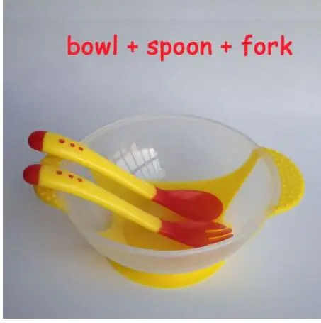 Temperature Sensing Feeding Spoon bowl kid Tableware Food Bowl Learning Dishes Service Plate/Tray Suction Baby Dinnerware Set - Color: yellow spoon fork