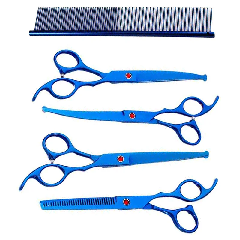 

7 Inch Blue Round Tip Japanese Stainless Steel Curved Thinning Cutting Comb Hair Grooming Dog Scissors Set