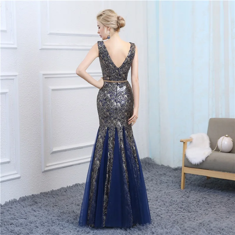 Alilove Русалка/синий/Simple/Luxury/v-образный вырез/пикантные новинки/Стиль/вечерние платья/Вечерние платья/вечернее платье для девочек, без рукавов, в пол, Длина