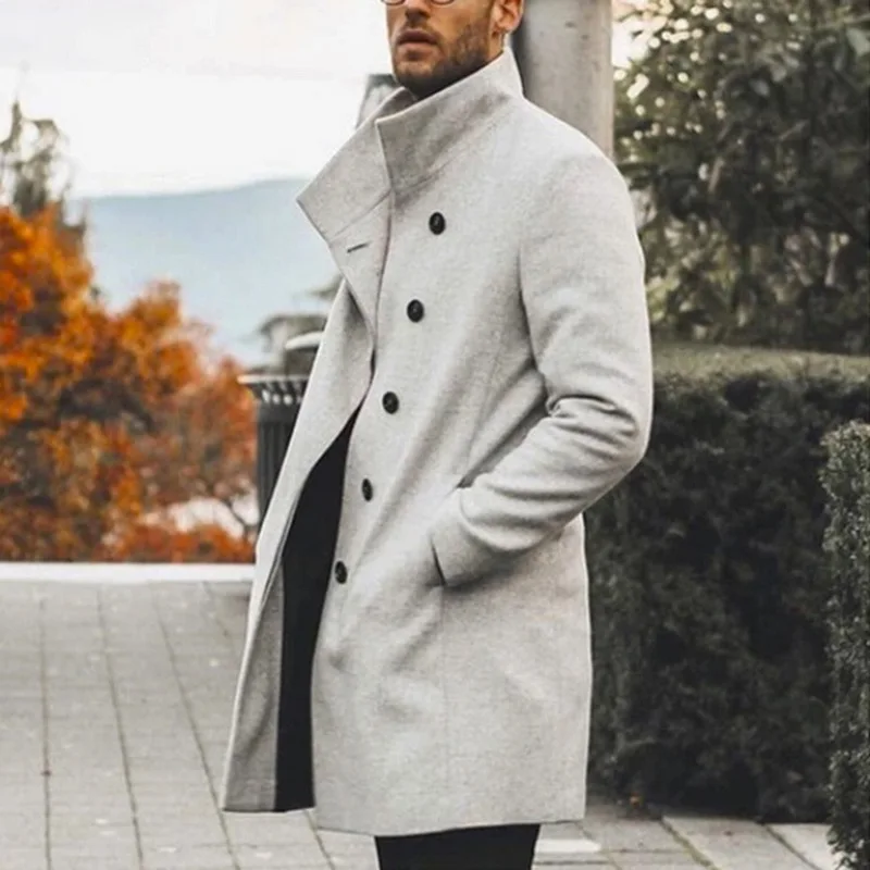 Высокое качество пальто для мужчин зима классический тонкий осенний Тренч мужские повседневные Карманы Твердые длинные ветровки ВИНТАЖНЫЕ пальто - Цвет: Light Gray