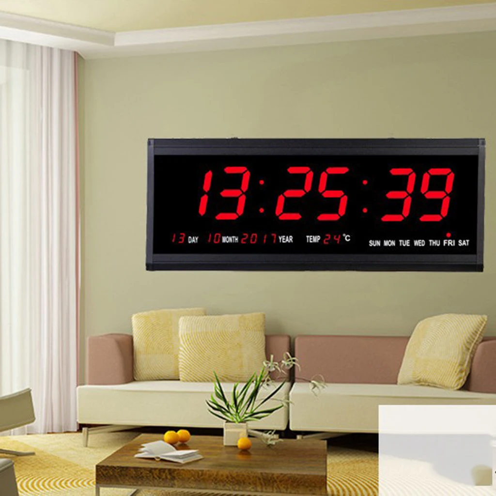 17inch Digital LED Screen Projection Wall Clock Time Calendar with Indoor Thermometer 24H Display - Days/Month/Year EU